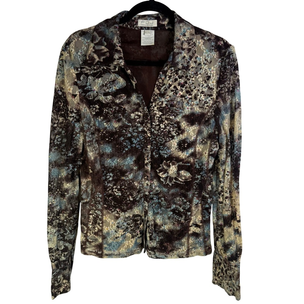 FDJ French Dressing Womens XL Brown Floral Mesh Lurex Button Up Blouse 9980514
